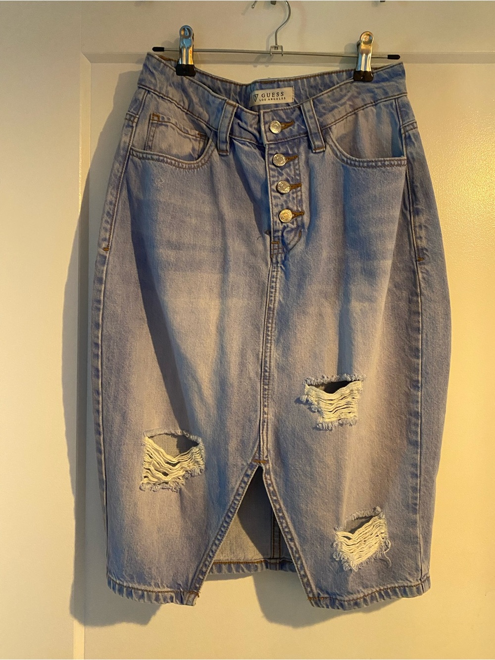 GUESS Light Blue Distressed Denim Pencil Skirt with Front Buttons